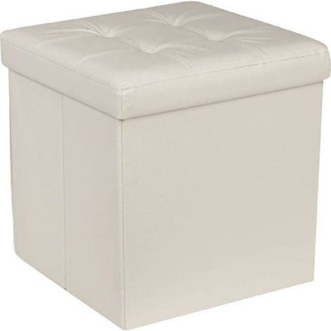Pouf Contenitore Ecopelle Cubo Pieghevole 35x35x35 Cm Beige 4 Punti Trapuntato