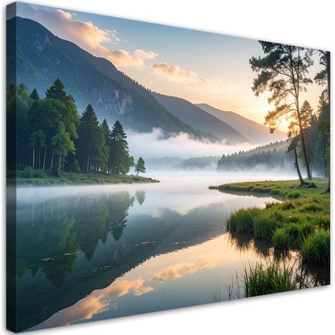 Quadro su tela, Vista lago foresta nella nebbia, 100x70 (1/5)