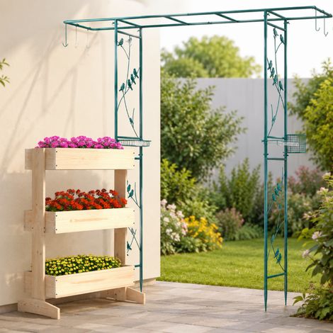 Set per uccelli da giardino verticale 2 pezzi arco da giardino in metallo con mangiatoia per uccelli e fioriera in pino a 3 livelli 227458936 (1/5)
