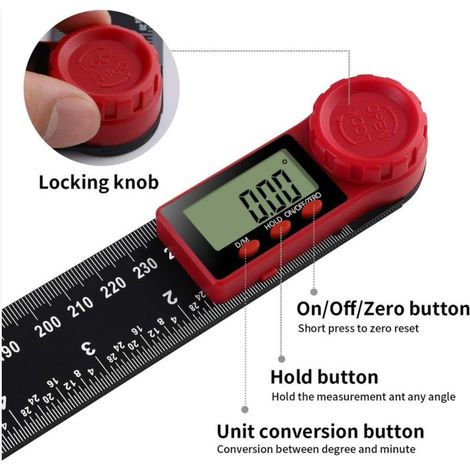 Rapporteur Numérique Règle D'Angle Numérique Goniomètre Numérique 360 ° avec Grand écran LCD Outil de Mesure de Règle (200mm) (1/4)