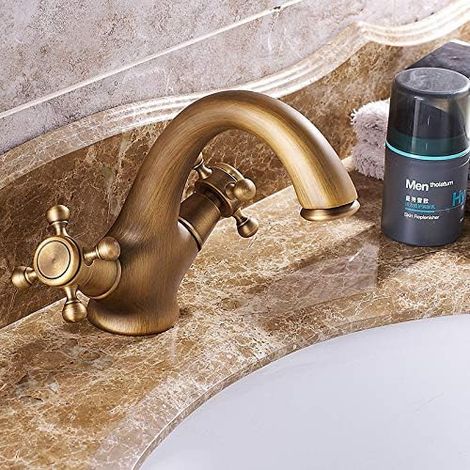 Robinet d'évier, robinet de cuisine, robinet de lavabo d'hôtel, robinet en cuivre = mitigeur eau chaude/eau froide à double poignée (1/3)