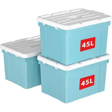 45L3 Boîte de Rangement, Bac de rangement avec Poignée, Plastique Organisateur avec Couvercle, Empilable, Transportable, pour Vêtements, Bureau, Chambre, Dortoirs, Bleu, 45L - Lot de 3 (1/5)