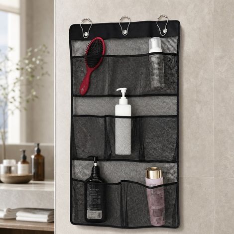 Rangement Suspendu de Douche Noir 40 x 78 cm en Polyester, 8 Poches avec Crochet Renforcé sans Perçage, pour Shampoing, Gel Douche et Accessoires de Bain (1/4)
