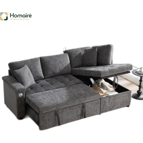 Canapé en velours gris avec rangement, port USB et accoudoirs 209 x 130 x 84 cm HOMAIRE (1/5)