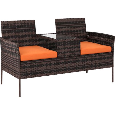 Outsunny Rattan Garden Bench w/ Glass Tea Table, Wicker Chair w/ Cushions Orange
