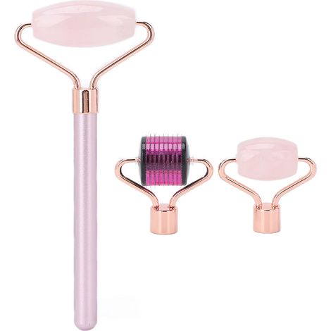 Set de massage visage 3-en-1 : rouleau jade, outil gua sha et micro-aiguilles pour soin du visage. (1/5)