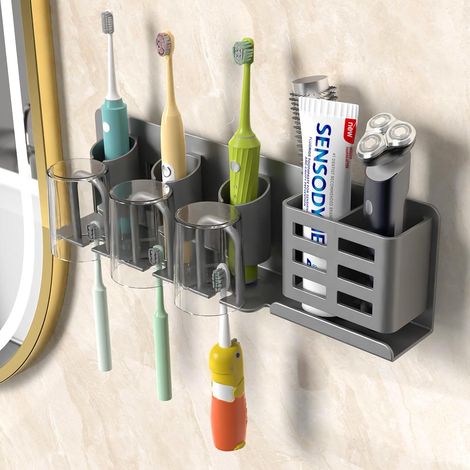 Support mural pour brosse à dents électrique, aluminium, avec porte-gobelets inversés (3 gobelets), gris. (1/5)