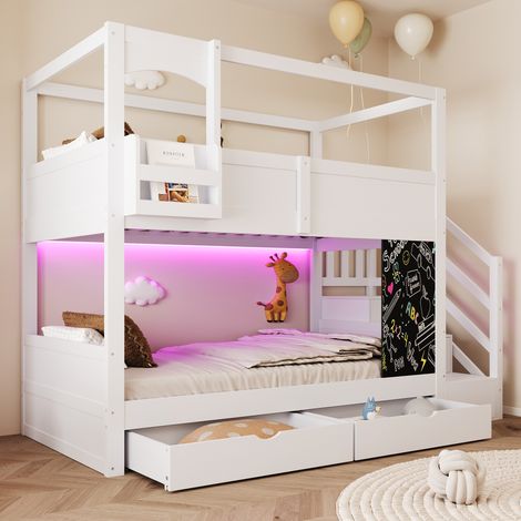 Modernluxe - Lit superposé enfant 90x200 cm - avec 2 tiroirs, rangements et tableau noir - blanc (sans matelas) (1/5)