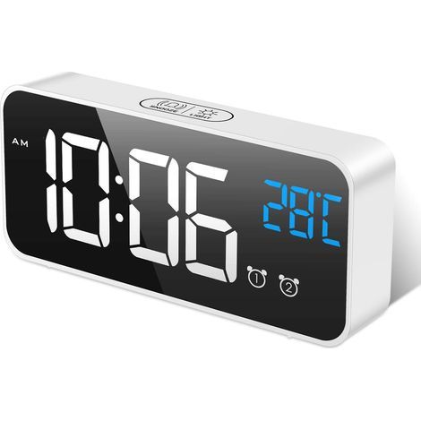 Digital alarm clock, LED mirror alarm clock with large screen, medium temperature, adjustable brightness and volume, sound activation, USB charging clock for home office, white (1/5)