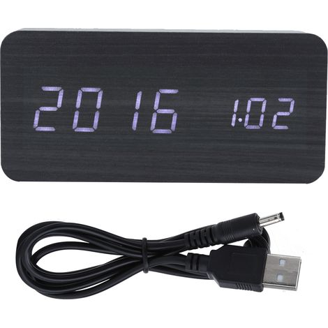 Réveil LED en bois noir et blanc, horloge numérique rectangulaire avec commande vocale, affichage température et date, lampe de table électronique (1/5)