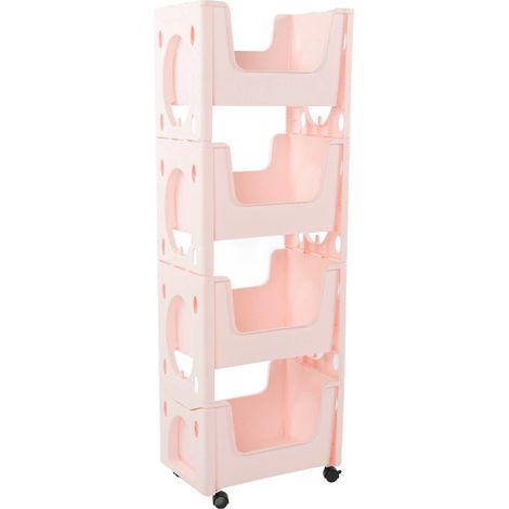 Chariot de rangement mobile grande capacité, épais, avec roulettes verrouillables, pour livres, jouets, flacons d'épices, 4 niveaux, rose (1/5)