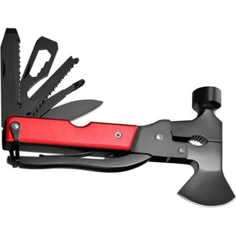 Kit Outil Polyvalent Hache Acier Inoxydable Portable Camping Extérieur Marteau de Securité Manche Aluminium Anodisé Lot Unique (1/5)