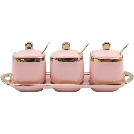 Boîte à épices en céramique avec plateau, cuillère et couvercle, sucre et épices, pot à condiments en céramique, boîte à condiments créative, idéale pour votre maison, votre cuisine et votre plan de t (1/5)