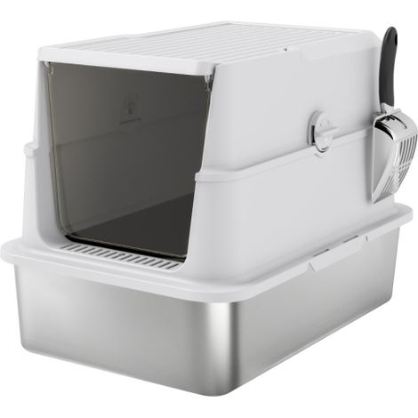 Lettiera per gatti in acciaio inox, capacità extra large, paletta inclusa, colore grigio chiaro, spedizione in loco. (1/5)