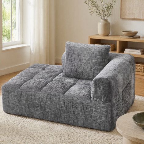 Chaise longue in ciniglia, senza montaggio, con cuscino e tasche laterali, grigio DESVIAE (1/5)
