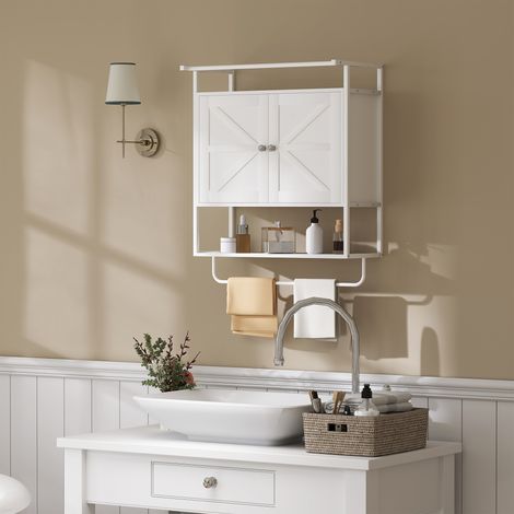 Wandschrank fürs Badezimmer, Hängeschrank mit 2 Türen, Handtuchhalter, 63 x 34 x 75 cm, Weiß (1/5)