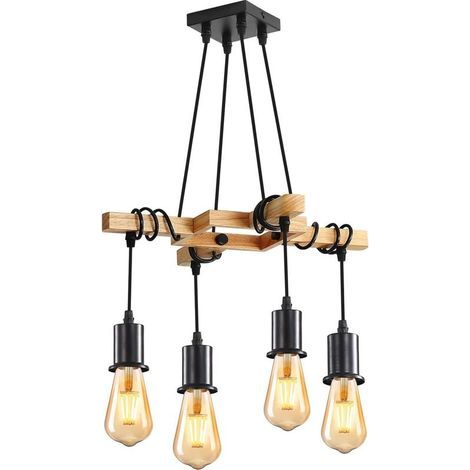 Suspension Luminaire Industriel, Plafonnier lustre en Bois E27, Luminaire Plafonnier Vintage Noir Réglable en Hauteur pour Salon Cuisine, Chambre, 4 Ampoules NON INCLUSES (1/5)