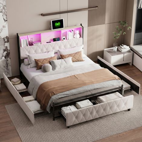 Polsterbett Doppelbett 180x200 cm, mit LED-Beleuchtung und USB, Modernes Jugendbett mit Stauraum, Bettgestell mit Kopfteil und Lattenrost, Velour Beige, Ohne Matratze