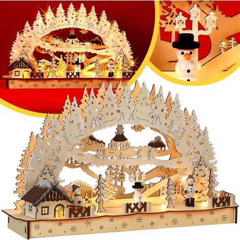 Monzana Schwibbogen Weihnachten Batteriebetrieben Timer Kabellos Holz LED Beleuchtung Deko Lichterbogen Weihnachtsdeko Schwippbogen Winterdorf (1/5)