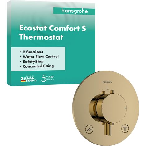 Mitigeur de douche thermostatique, Robinet de douche encastré avec arrêt de sécurité à 40°C, Thermostat 2 sorties, Aspect doré poli, 33715990 (1/5)