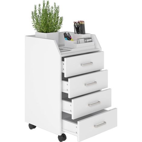 Cassettiera da Ufficio in Legno con 4 Cassetti, Ruote e Bordi Rialzati, 40x36x65cm, Bianco