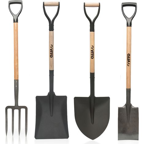 Vito – Pack de 4 outils de jardin en acier trempé – Manche en bois ergonomique – Fourche, pelle carrée, pelle ronde, bêche – Pour sols caillouteux (1/5)