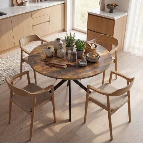 Mesa de comedor redonda, estilo industrial, patas de acero en X, madera color marrón rústico (1/5)