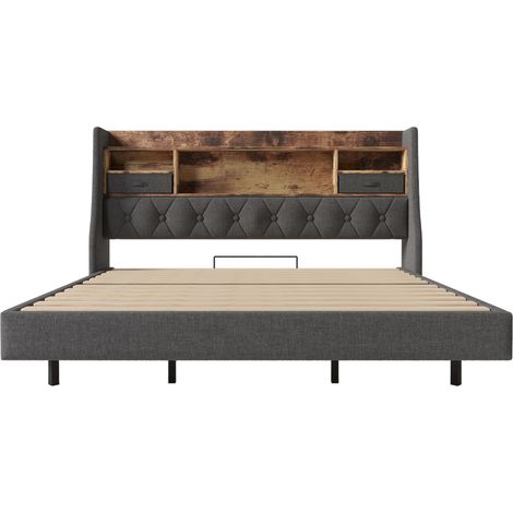 Letto matrimoniale 180x200 cm in lino grigio con LED, testiera contenitore e porte USB Type-C (1/5)