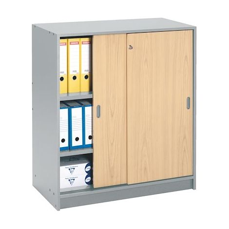 Armoire portes coulissantes 100x90 cm corps gris aluminium - portes hêtre - Maxiburo