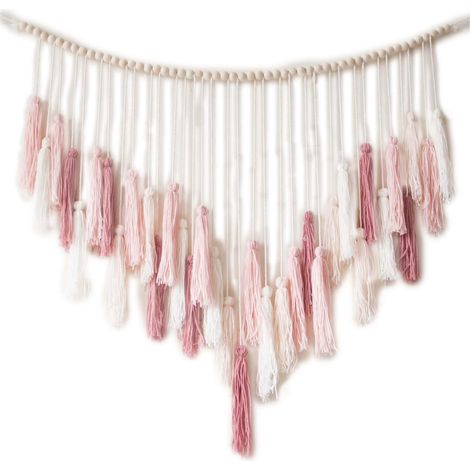 Décoration murale - Grande tenture murale en macramé avec perles en bois - Décoration murale bohème pour chambre - Rose poudré chaud - 100 x 80 (1/5)