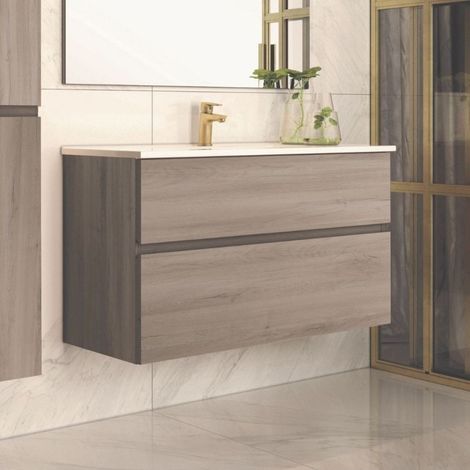 Mueble de baño 100 cm con 2 cajones color roble gris 100x45x59H cm - Mancys (1/2)