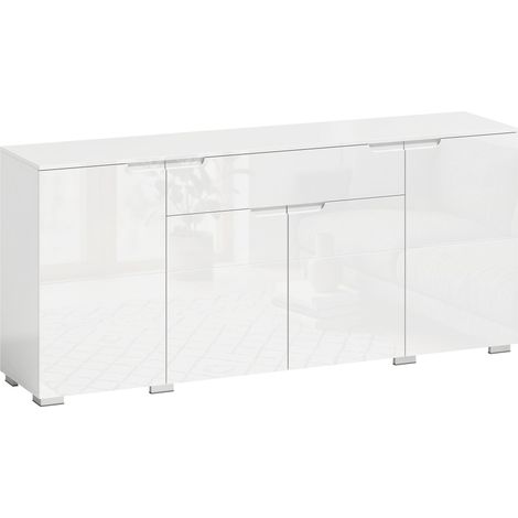 High-Gloss White Sideboard, 4 Doors, Adjustable Shelves