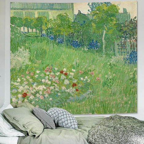 Tapestry Murale - Nymphéa - Style Peinture À L Huile - Décor Floral Vert Pour Chambre Salon Résidence Étudiante - 100 x 130 cm (1/4)