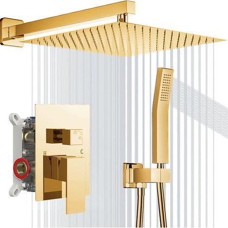 Colonne de Douche Thermostatique à Encastrer Kit de Douche Encastré avec Pommeau Grande Pluie Ensemble de Douche Encastrable Corps en Laiton Dore (1/5)