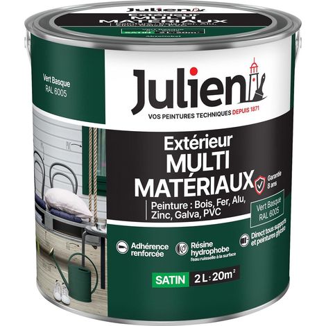 Julien Peinture Multi-Matériaux Satin en phase Aqueuse - Bois, Fer, Alu, PVC, Zinc, Acier galvanisé, brut ou peint - Vert Basque 2 L