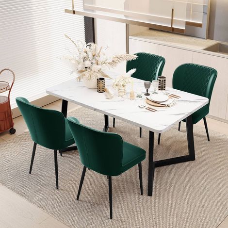 Lot de 4 chaises de salle à manger, vert foncé, fauteuil design avec dossier, assise en velours, structure en métal (1/5)