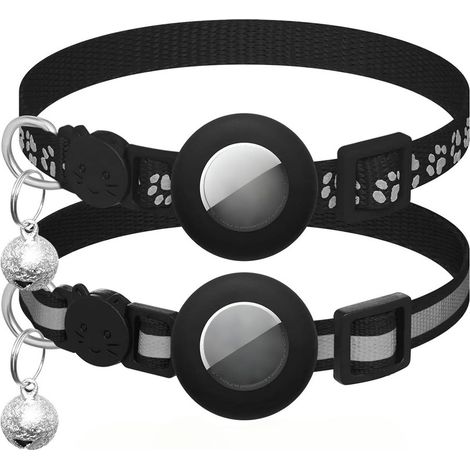 Lot de 2 colliers pour chat avec accessoires, compatibles Apple Airtag, réfléchissants, anti-étouffement, réglables, noirs (1/5)
