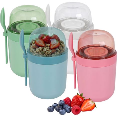 Relaxdays Müslibecher to go, 4er Set, 3 Fächer, Löffel, auslaufsicher, 400 & 280 ml, für Mikrowelle, Joghurtbecher, bunt (1/5)