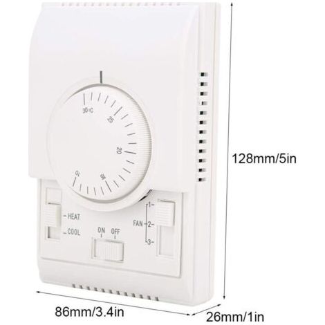 Thermostat mural 220 V CA, plage de température 10-30 ℃, 2 modes de chauffage/refroidissement, 3 vitesses de ventilation, avec ventilateur mécanique. (1/3)