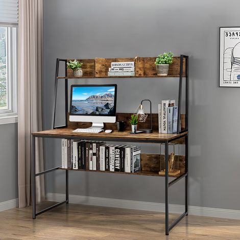 Bureau avec Niche & Bibliothèque, Table d'Étude 120 cm, Peu Encombrant, Café CW92582 (1/3)