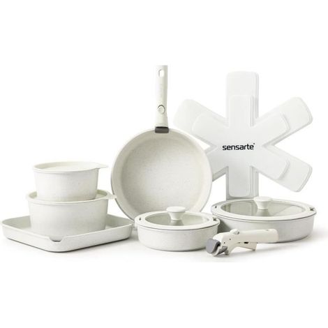 Batterie de cuisine antiadhésive blanche - Poignées amovibles - Induction - 17 pièces (1/4)