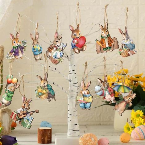 Décoration Suspendue Pâques - Lapin Ornement Arbre Printemps Porte Mur Porche - Lot de 12 Pièces (1/5)