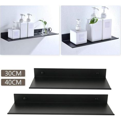 Étagère Murale Flottante Salle de Bain Étagère Rectangulaire en Aluminium Mat Tablette Murale Robuste Ultra-Mince Support de Rangement Mural Élégant pour Cosmétiques Noir (30cm) (1/3)