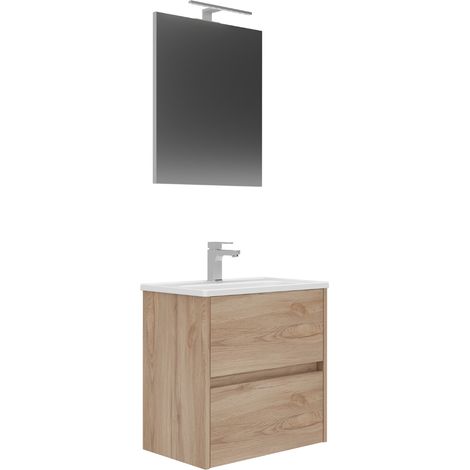 Conjunto Mueble LOVA Baño 2 Cajones con Lavabo y Espejo Roble (1/4)