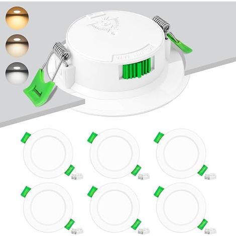 Pack of 6 Recessed LED Spotlights 230V 6W Cut Out Diameter 55-68 mm 3CCT 2700K/4000K/6000K, Ultra Flat 25 mm IP44 LED Ceiling Spotlights for Bathroom, Kitchen, Living Room, White (1/5)