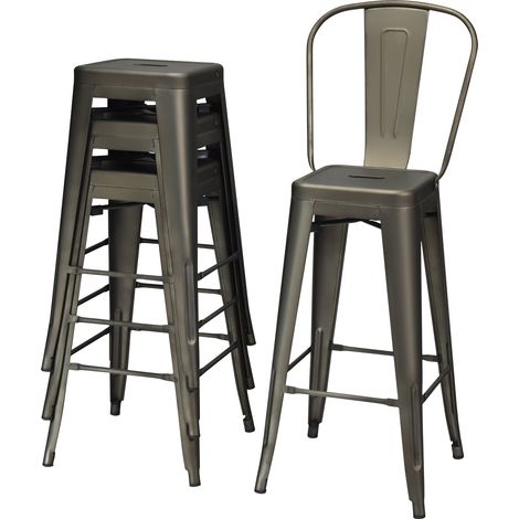 Juego de 4 taburetes altos de metal 43 x 43 x 116 cm respaldo ergonómico antideslizantes estilo vintage de metal negro 200019656