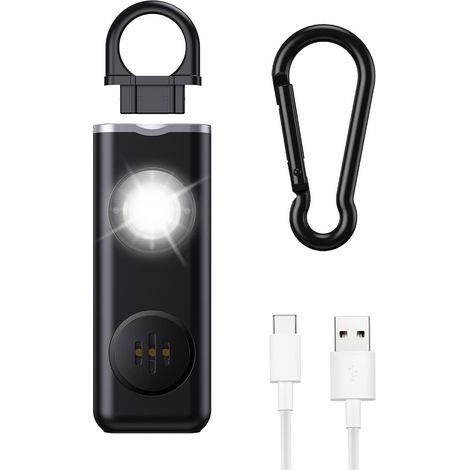Alarme personnelle, alarme de poche rechargeable, 130 dB, porte-clés de sécurité, signal LED clignotant, sirène d'urgence - Noir (1/5)