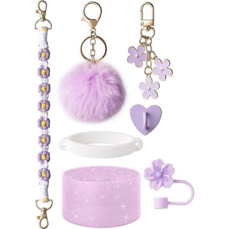 Ensemble de 7 accessoires pour gobelets de 30/40 oz : poignée en silicone, dragonne, protège-paille, porte-clés, breloques. Sans BPA, réutilisables, décoratifs. Idée cadeau pour Noël (violet). (1/5)