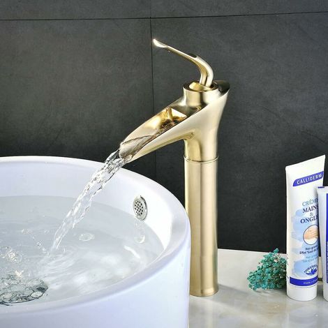 Badezimmerarmatur aus gebürstetem Gold, Wasserfall, hohe Waschbeckenarmaturen aus massivem Messing, antiker Retro-Waschtisch-Mischbatterie, einstellbares Warm- und Kaltwasser, Keramikventil – RWKitche (1/5)