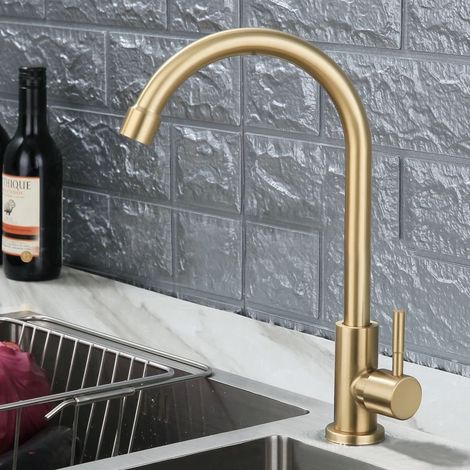 Robinet de cuisine en laiton brossé, finition antique, poignée unique, style rétro de haute qualité, eau froide uniquement, pivotant à 360°, finition or brossé. (1/5)